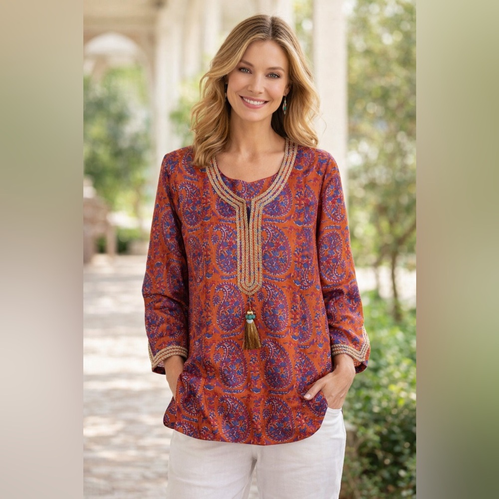 Soft Surroundings Moroccan Embellished Long Sleeve Tunic Top Women’s M Orange